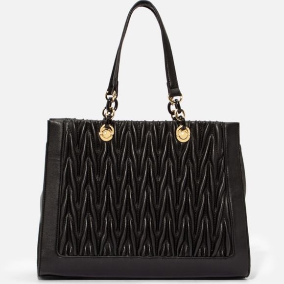 Handbags - Black and Gold Faux Leather Quilted Handbag